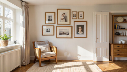 Elegant ancestral portraits on wall, family heritage display