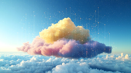 Dreamy pastel cloud formation with glowing network lines, perfect for illustrating concepts of cloud computing, connectivity, networking, or digital transformation.
