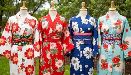 Naklejka premium Vibrant yukata attire display in traditional garden, summer celebration