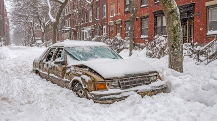Snowbound Automobile: A Damaged Car Buried in a Winter Storm