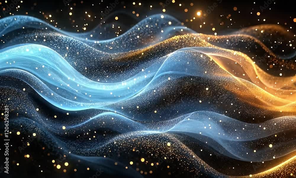 Wall mural abstract flowing waves of blue and orange light with shimmering particles against a dark background