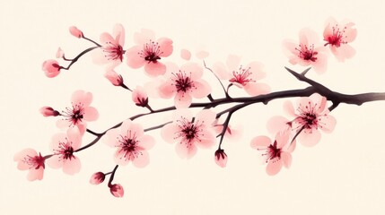 Delicate pink cherry blossom branch with buds.