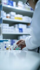 Pharmacist Preparing Medication on Counter, with Blurred Pharmacy Shelves in Background
