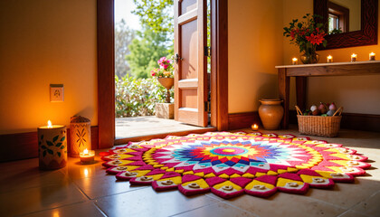 Colorful rangoli at doorway celebrating creativity and joy