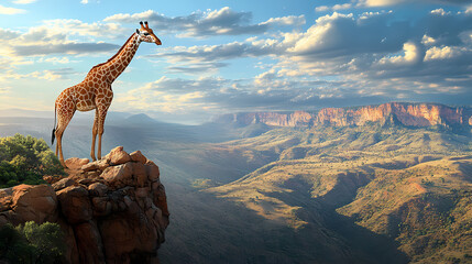 Obraz premium A majestic giraffe standing on a rocky ledge overlooking a vast valley under a blue sky. Majestic Valley. Illustration
