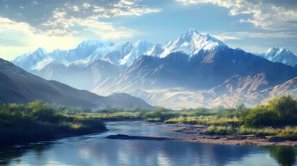 A serene landscape with majestic mountains in the background, overlooking a tranquil valley below. Majestic Valley. Illustration