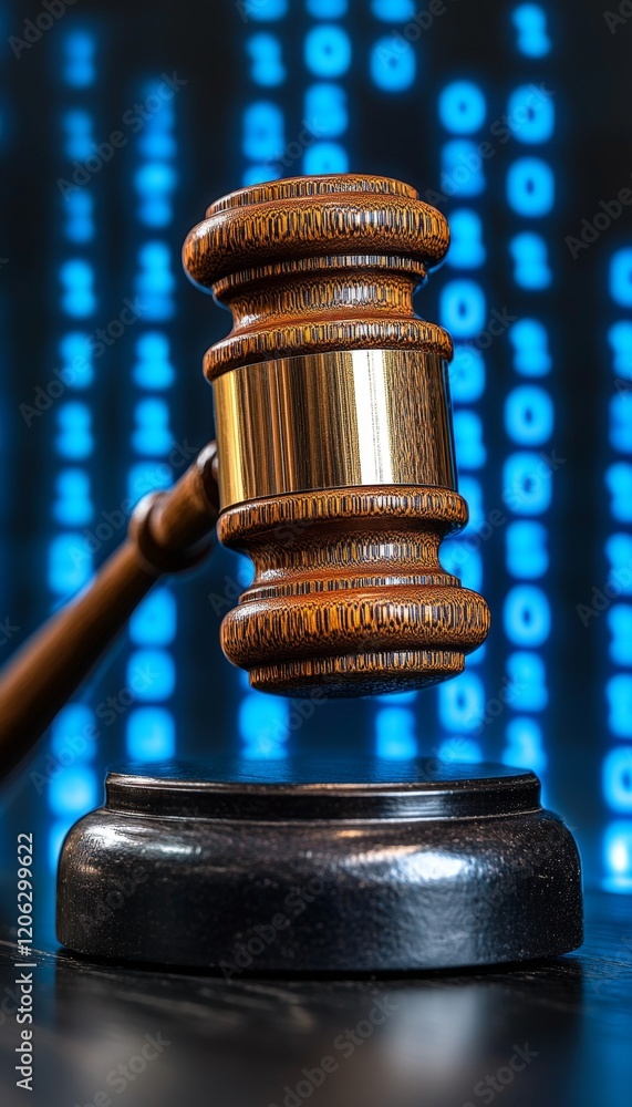 Poster gavel on sound block with digital binary code background, law technology and digital justice concept