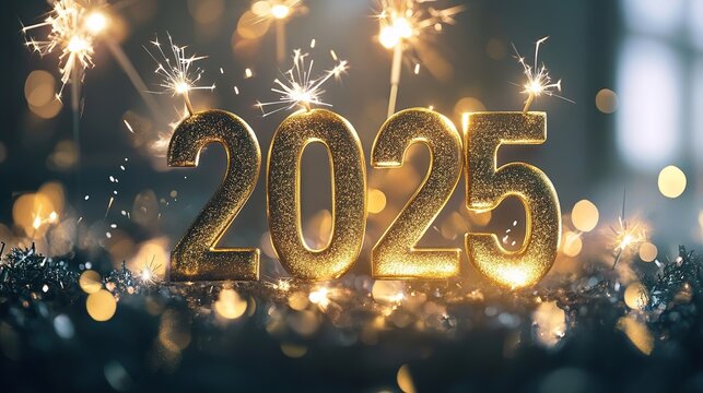 Closeup of golden 3D "2025" numbers with sparklers and sparkling bokeh lights for New Year's Eve - Powered by Adobe