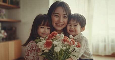 A smiling Asian mother cherishes a touching moment with her children, holding flowers and sharing a warm embrace in a cozy home. Heartfelt scene celebrates the bond and love of family on Mother&rsquo;s Day.