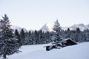 Snowy landscape overlooking the Alpine mountains.