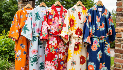 Vibrant yukata outfit display in garden setting, traditional fashion