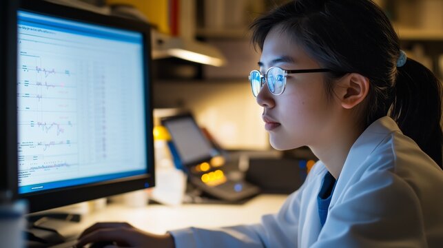 A woman wearing glasses is looking at a computer monitor. She is wearing a white lab coat and she is focused on the screen - Powered by Adobe