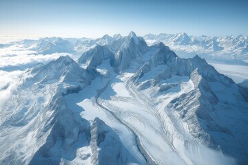 Fototapeta premium Snowy mountain range under clear sky with glaciers visible in daylight