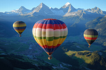 Fototapeta premium Colorful hot air balloons soaring above mountain valleys at sunrise