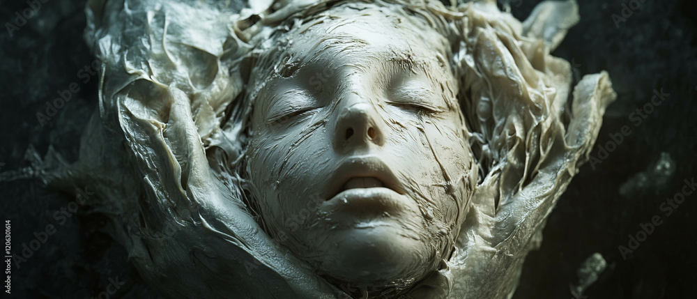 Poster surreal visuals depicting distorted textures and warped surfaces with a serene face