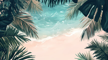 Fototapeta premium Palm tree leaves create a frame for a view of a white sand beach and turquoise water. Sapphire Sea. Illustration