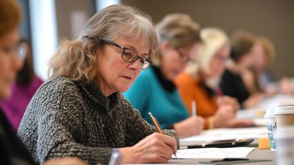 Focused seniors engaged in a creative writing workshop for lifelong learning
