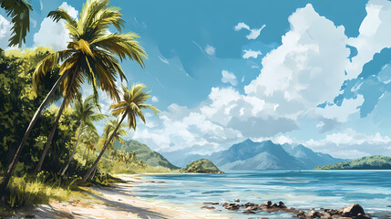 Scenic tropical beach featuring a serene sea, lush coconut palm trees, and a vibrant blue sky backdrop, tropical beach landscape with calm sea palms and blue sky. Sapphire Sea. Illustration