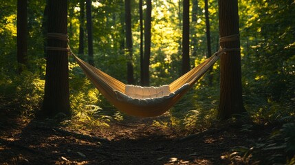 Obraz premium A hammock strung between two trees in a lush forest, with soft sunlight streaming through the canopy above.
