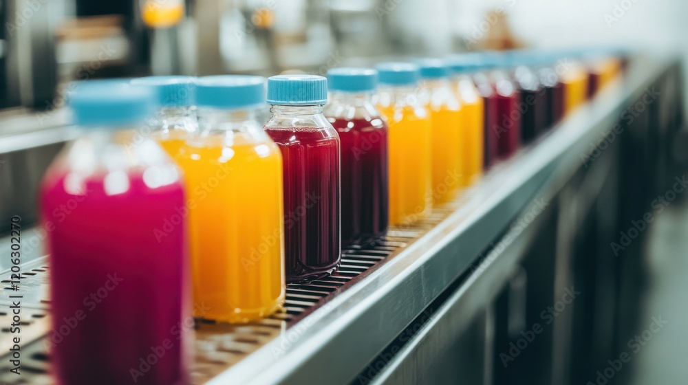 Poster colorful array of juice bottles on a production line in a modern factory setting