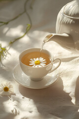 A single chamomile floats in a cup of tea being poured from a white teapot. Sunlight streams through a window, illuminating the scene.