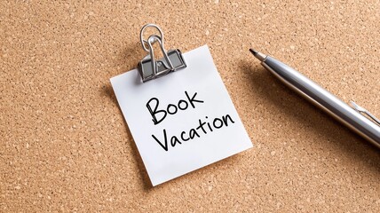 Note with "Book Vacation" clipped to corkboard alongside pen, suggesting planning trip