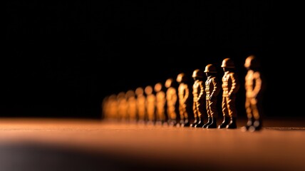 Row of toy soldiers in golden light on dark background