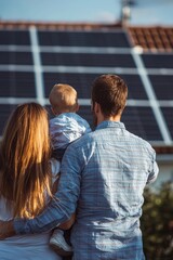 Obraz premium happy family on the background of solar panels. Selective focus