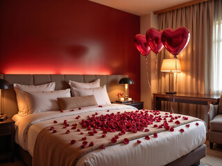 A luxury hotel room decorated with rose petals on the bed, heart-shaped balloons, and soft candlelight creating a warm and romantic atmosphere