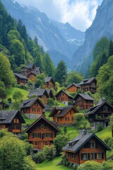 Charming Alpine village nestled in lush green mountains under cloudy skies