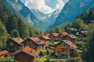 Fototapeta premium Scenic mountain village surrounded by lush forests and towering peaks in the heart of nature