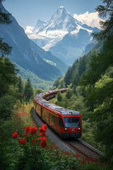 Fototapeta premium Scenic train journey through majestic mountains with vibrant flowers in foreground