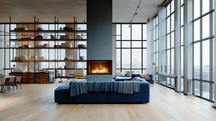 A spacious warehouse-style living room with a dual-sided fireplace dividing the space