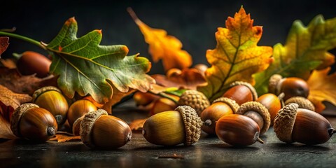 Moody Low-Light Oak Leaves & Acorns Still Life Photography