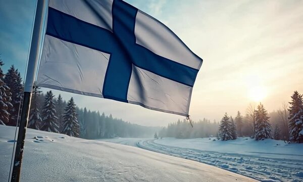 Finland national flag HD footage. Finland national flag on flagpole video