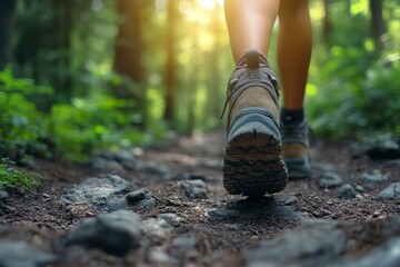 Close-up of a feet in hiking shoes walking on a forest trail, low-angle view, sunlight filtering through the trees
