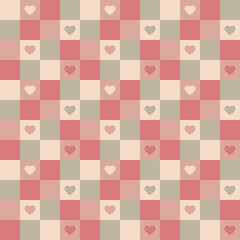 Pastel coloured seamless Valentine's Day checkered heart background pattern suitable for both digital and print projects, high resolution 300dpi versatile and stylish vday design, 3600x3600px (12