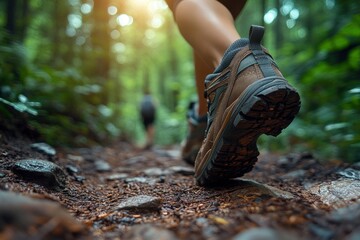 Close-up of a feet in hiking shoes walking on a forest trail, low-angle view, sunlight filtering through the trees