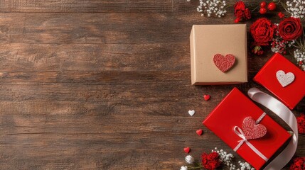 Fototapeta na wymiar Romantic gifts, red roses, wooden background, Valentine's Day