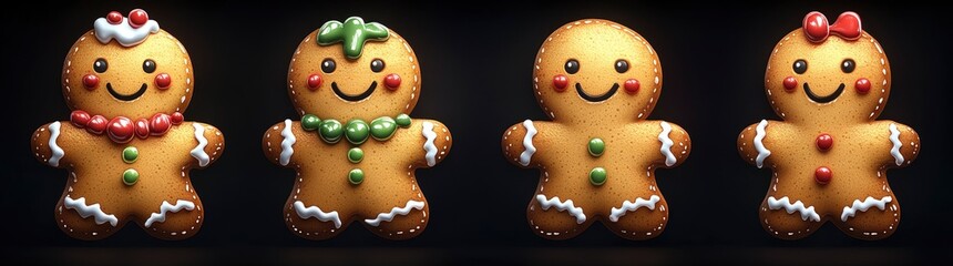 Gingerbread man cookies on a black background, Each cookie has a different facial expression