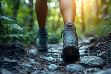 Close-up of a feet in hiking shoes walking on a forest trail, low-angle view, sunlight filtering through the trees