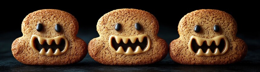 Gingerbread man cookies on a black background, Each cookie has a different facial expression