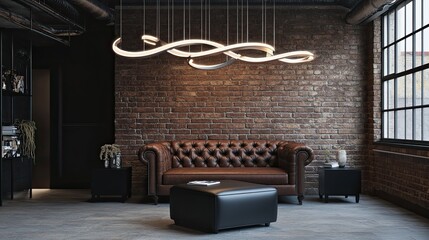 A stunning industrial-styled living room combining modern sophistication with vintage charm--dark brick walls