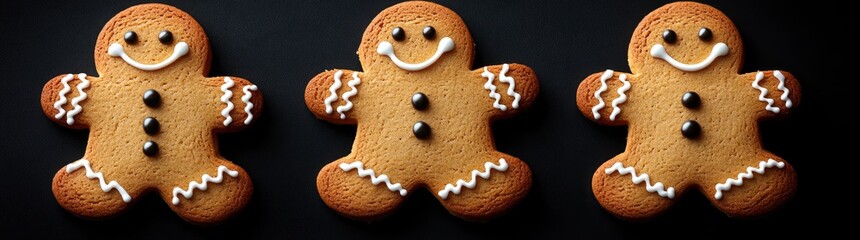 Gingerbread man cookies on a black background, Each cookie has a different facial expression