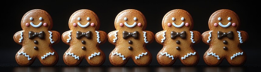Gingerbread man cookies on a black background, Each cookie has a different facial expression
