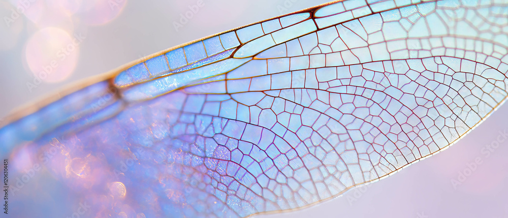 Poster exploring the intricate textures and colors of dragonfly wings under soft light