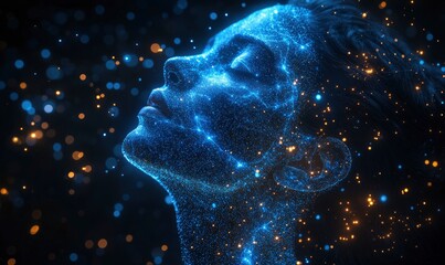 The head is made of digital and artificial intelligence elements, which glows with blue light on a black background