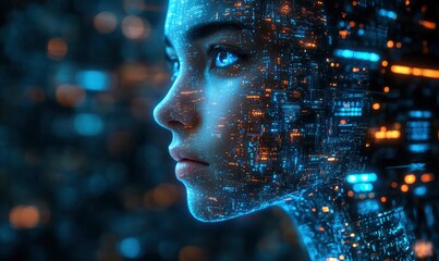 The head is made of digital and artificial intelligence elements, which glows with blue light on a black background