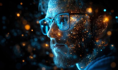 The head is made of digital and artificial intelligence elements, which glows with blue light on a black background