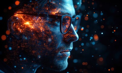 The head is made of digital and artificial intelligence elements, which glows with blue light on a black background